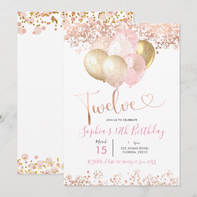 Blush Pink and Gold Twelve Birthday Party Invitation (Front/Back)