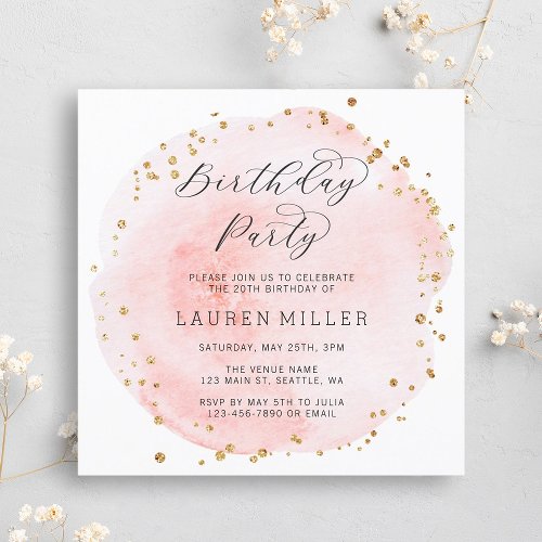 Blush Pink and Gold Watercolor Birthday Party Invitation