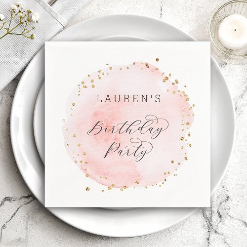 Blush Pink and Gold Watercolor Birthday Party Napkins