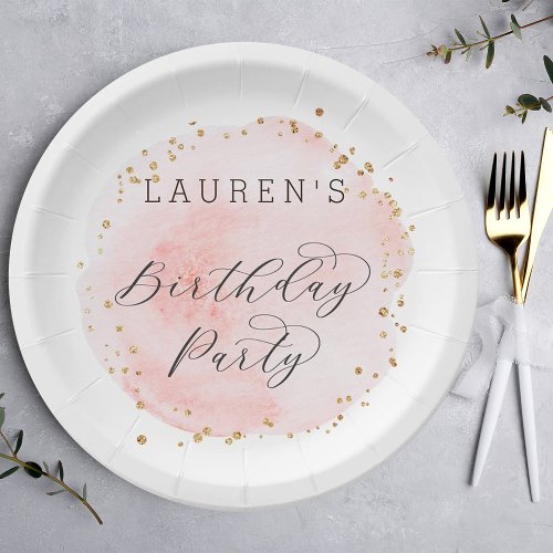 Blush Pink and Gold Watercolor Birthday Party Paper Plates