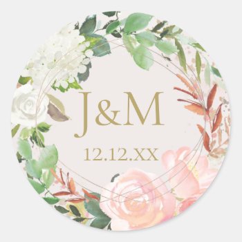 Blush Pink And Gold Watercolor Floral Classic Round Sticker by MaggieMart at Zazzle