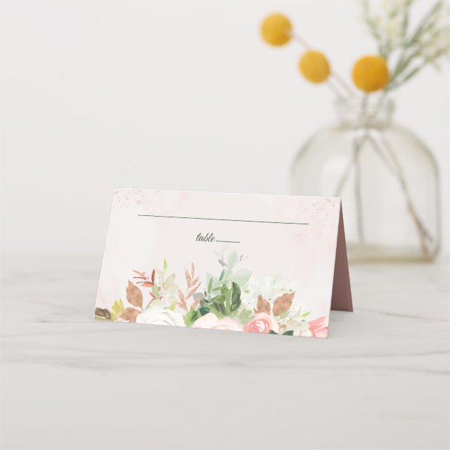 Blush Pink and Gold Watercolor Floral Place Card (Front)