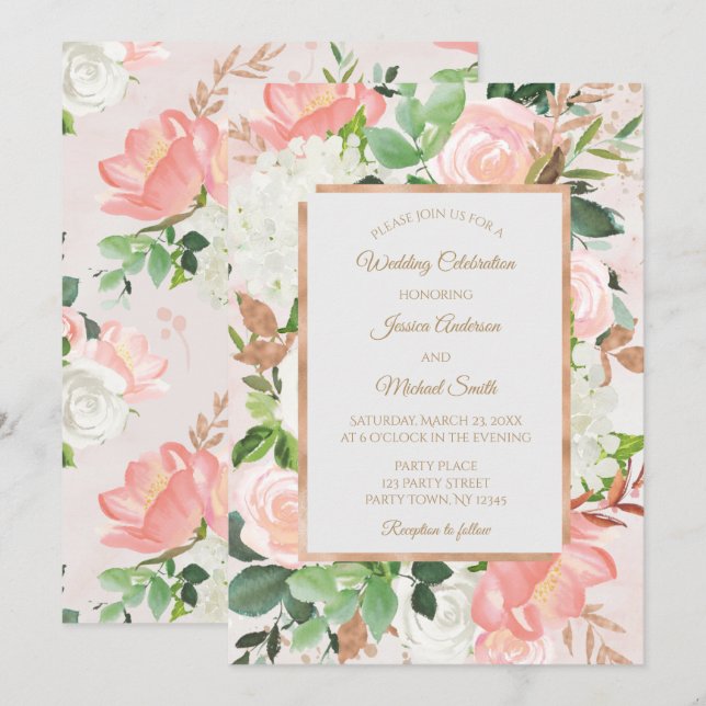 Blush Pink and Gold Watercolor Floral Wedding Card (Front/Back)