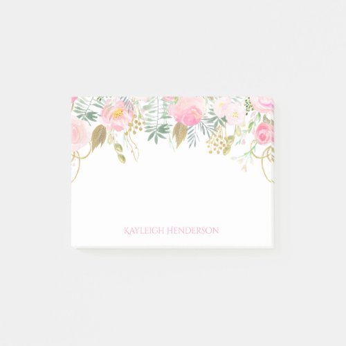Blush Pink and Gold Watercolor Flowers Monogram Post_it Notes