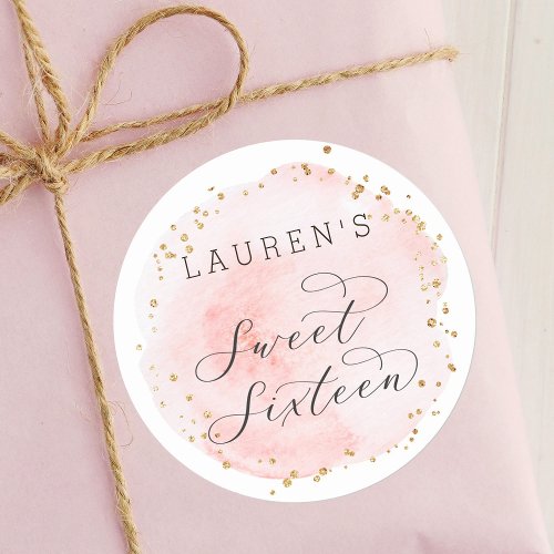 Blush Pink and Gold Watercolor Sweet Sixteen Classic Round Sticker