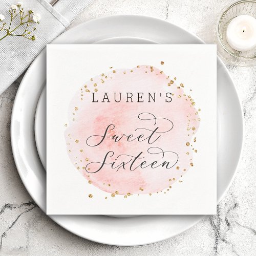 Blush Pink and Gold Watercolor Sweet Sixteen Napkins