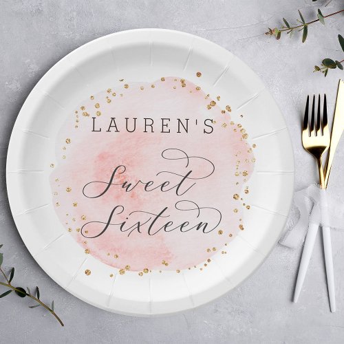 Blush Pink and Gold Watercolor Sweet Sixteen Paper Plates
