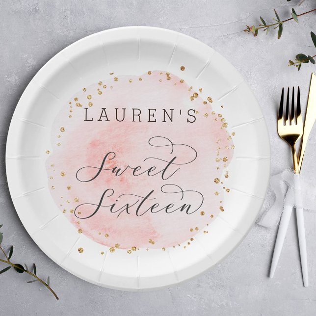 Blush Pink and Gold Watercolor Sweet Sixteen Paper Plates (Creator Uploaded)