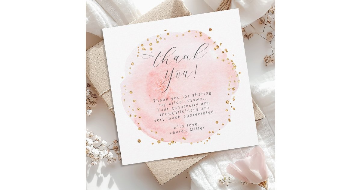 Blush Pink and Gold Watercolor Thank You Card | Zazzle