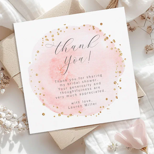 Blush Pink and Gold Watercolor Thank You Card | Zazzle