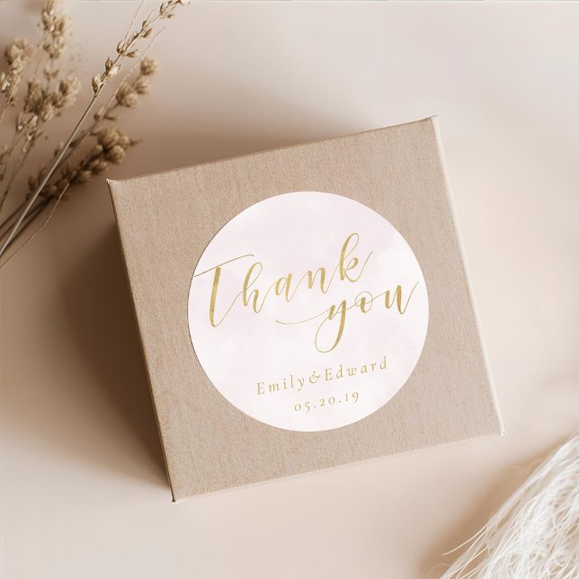 Blush Pink and Gold Wedding Favor Thank You Classic Round Sticker (Creator Uploaded)