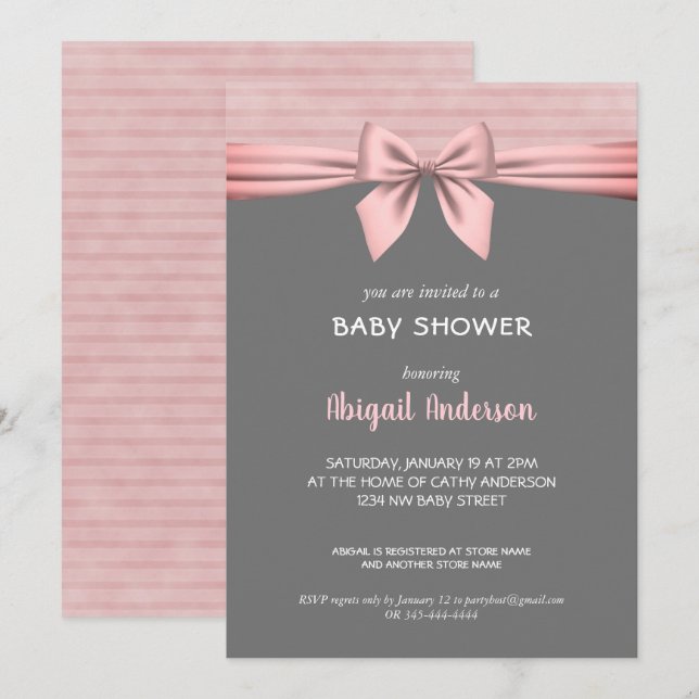 Blush Pink and Gray Bow Baby Shower Invitation (Front/Back)