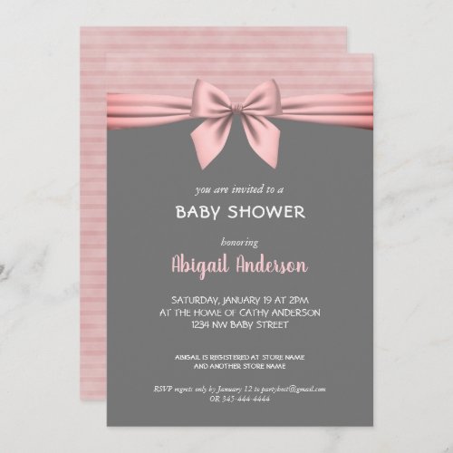 Blush Pink and Gray Bow Baby Shower Invitation