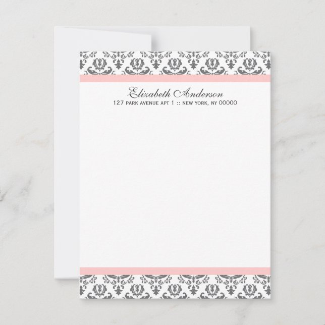 Blush Pink and Gray Damask Flat Thank You Notes Invitation (Front)