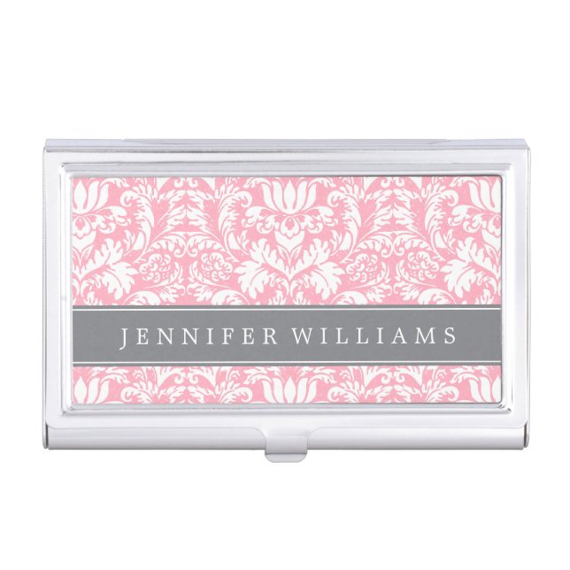 Blush Pink and Gray Elegant Damask Business Card Case (Front)