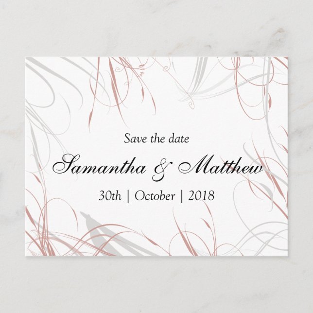 Blush pink and Gray Flourishes Save the Date Announcement Postcard (Front)