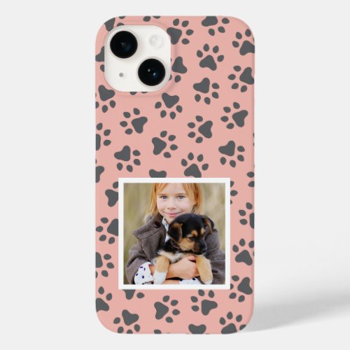 Blush Pink and Gray Pet Photo Paw Print Pattern Case_Mate iPhone 14 Case