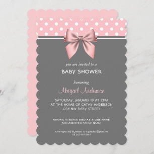 Blush Pink and Gray Polka Dot Bow Baby Shower Invi Invitation