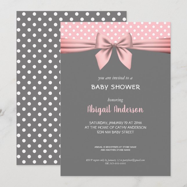 Blush Pink and Gray Polka Dot Bow Baby Shower Invitation (Front/Back)