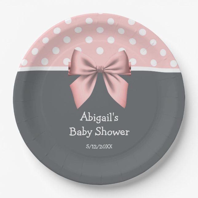 Blush Pink and Gray Polka Dots Baby Shower Paper Plates (Front)