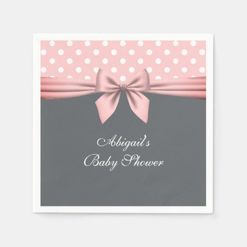 Blush Pink and Gray Polka Dots Bow Baby Shower Nap Napkins