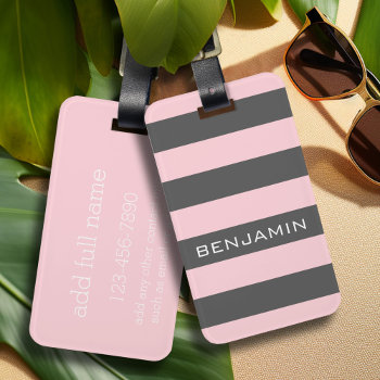 Blush Pink And Gray Rugby Stripes With Custom Name Luggage Tag by MarshBaby at Zazzle