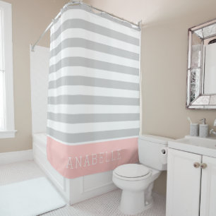 Blush Pink and Gray Stripes Monogrammed Shower Curtain
