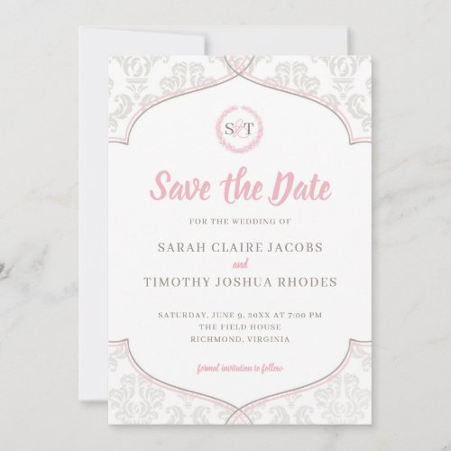 Blush Pink and Gray Vintage Damask Save the Date Invitation