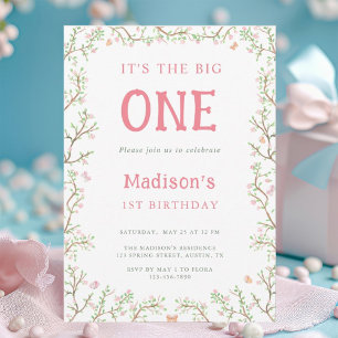 Blush Pink and Green Blossom Frame 1st Birthday Invitation