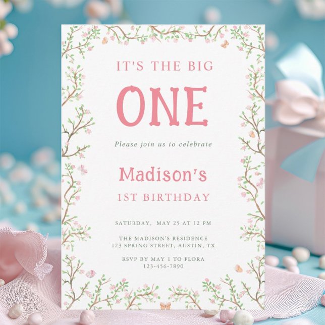 Blush Pink and Green Blossom Frame 1st Birthday  Invitation (Creator Uploaded)