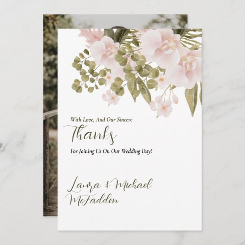 Blush Pink and Green Elegant Boho Photo Wedding Thank You Card