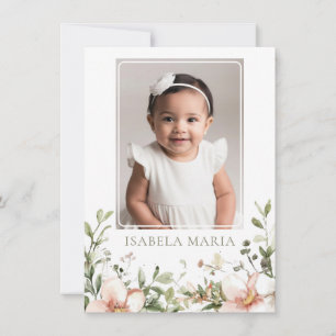 Blush pink and green flowers baptism photo thank you card