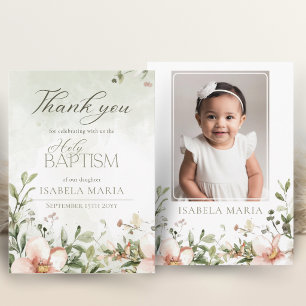 Blush pink and green flowers baptism photo thank you card