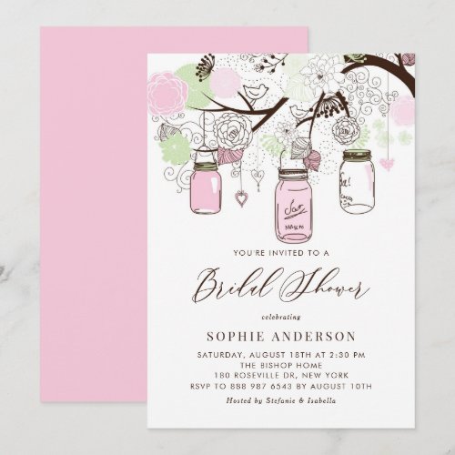 Pink and Green Mason Jars Bridal Shower Invitation