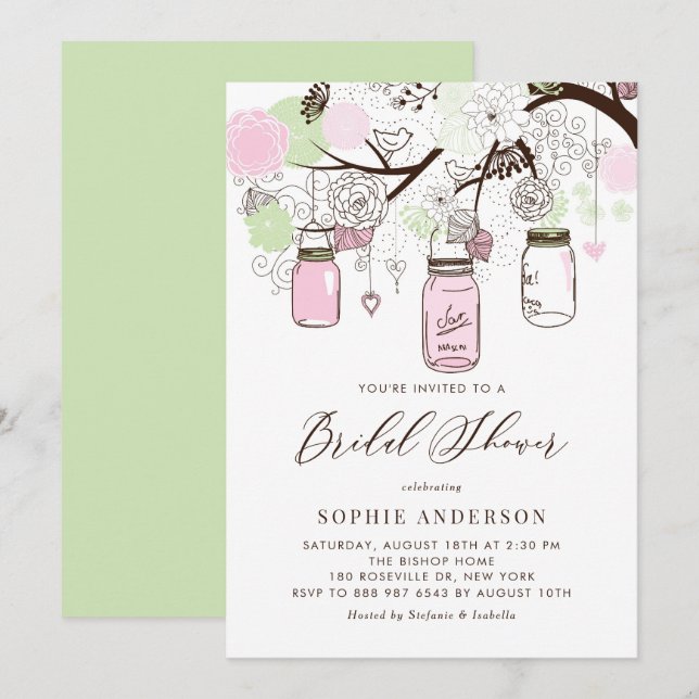 Blush Pink and Green Mason Jars Bridal Shower Invitation (Front/Back)