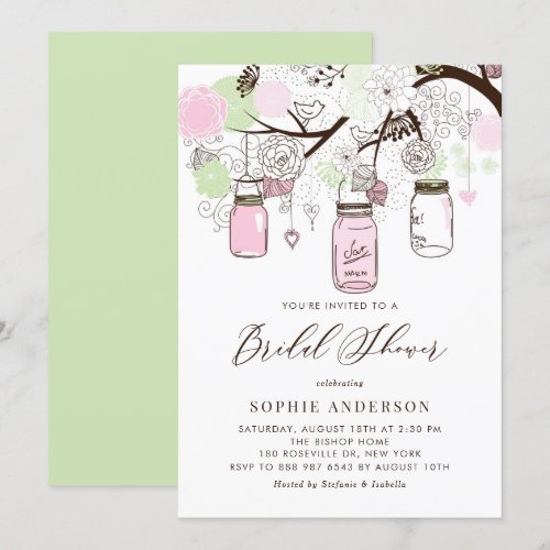 Cute Pink &amp; Green Mason Jars Bridal Shower Invite