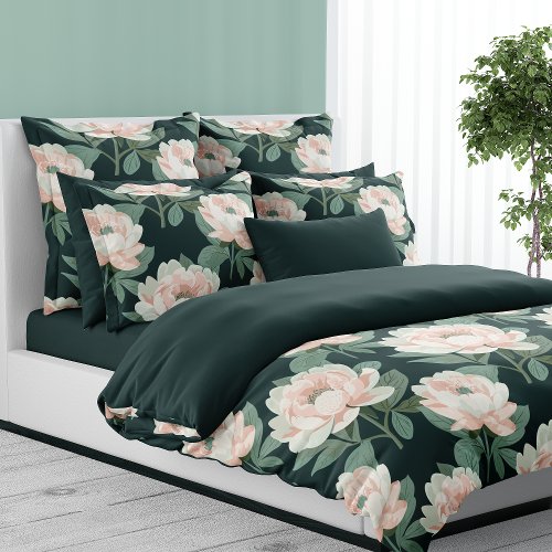 Blush Pink And Green Peonies Floral  Duvet Cover