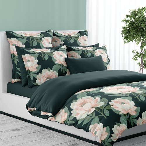 Blush Pink And Green Peonies Floral Duvet Cover