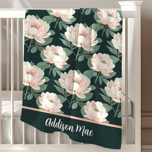 Blush Pink And Green Peonies Floral Girl Baby Blanket