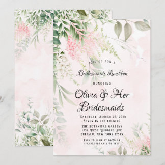 Blush Pink and Greenery Leaves Bridesmaids Lunch Invitation