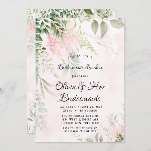 Blush Pink and Greenery Leaves Bridesmaids Lunch Invitation