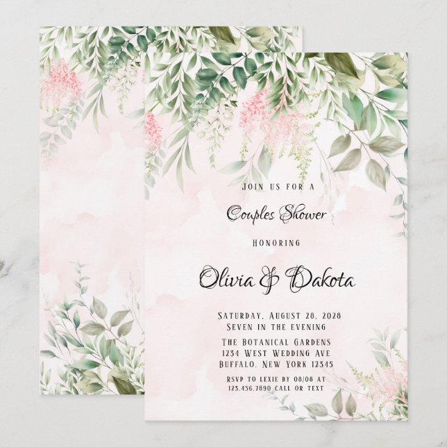 Blush Pink and Greenery Leaves Chic Couples Shower Invitation (Front/Back)