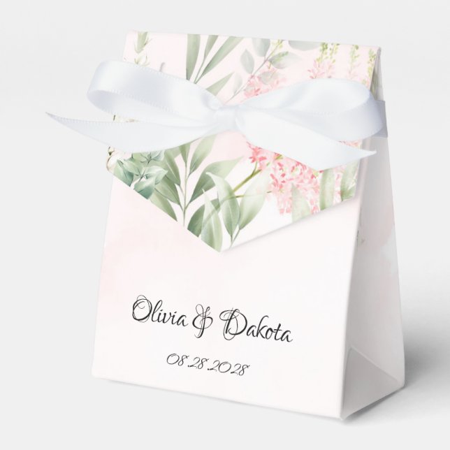 Blush Pink and Greenery Leaves Chic Wedding Favor Boxes (Front Side)