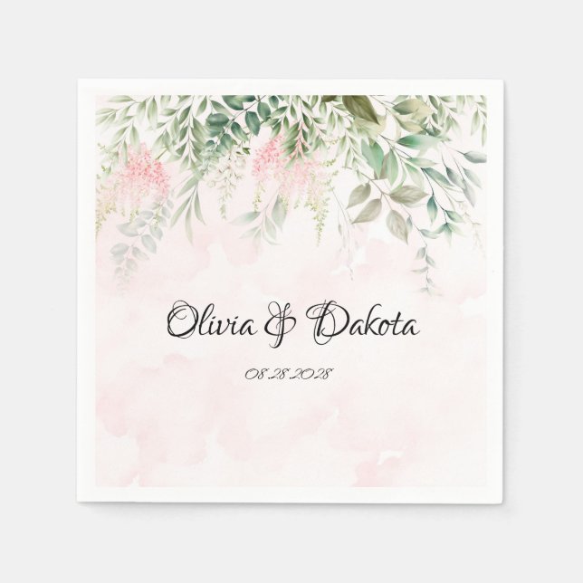 Blush Pink and Greenery Leaves Chic Wedding Napkins (Front)