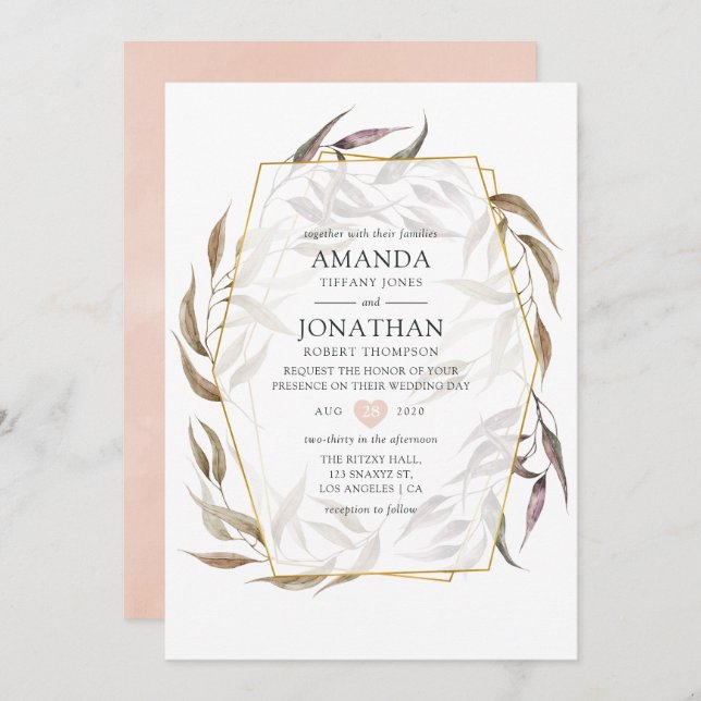 Blush Pink and Greenery Pastel Geometric Wedding Invitation (Front/Back)