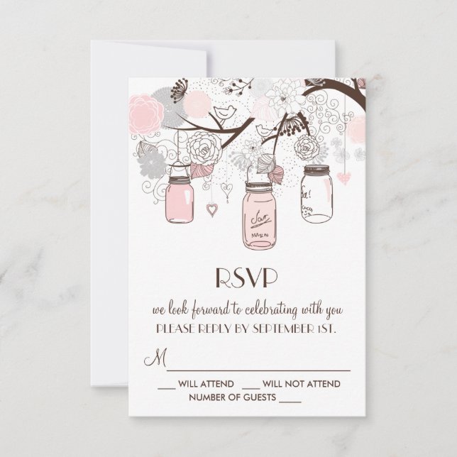 Blush Pink and Grey Floral Mason Jars RSVP Cards (Front)