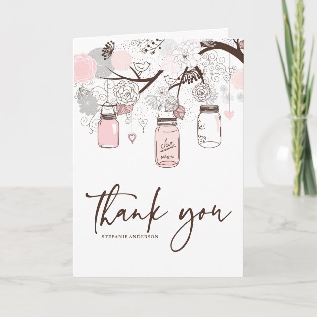 Blush Pink and Grey Mason Jars Thank You Card (Front)