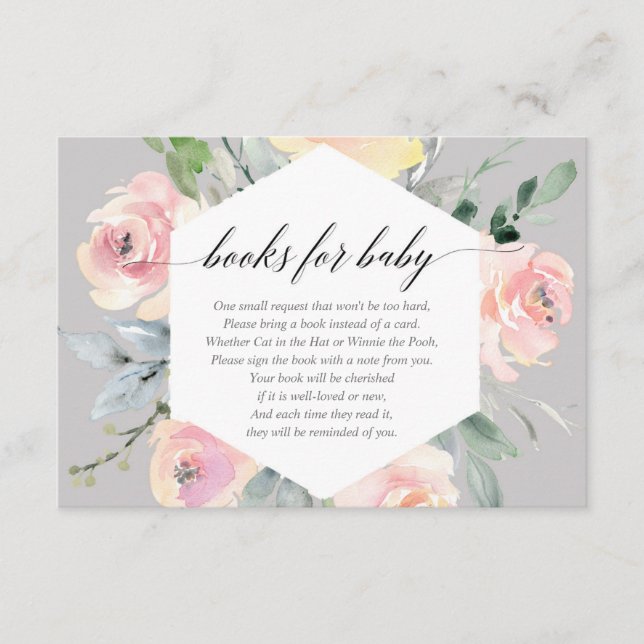 Blush pink and grey modern floral books for baby enclosure card (Front)