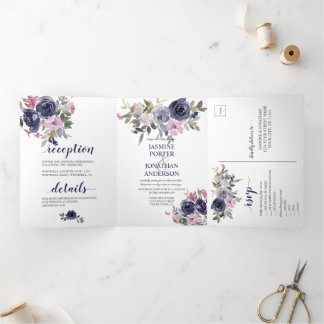 Blush Pink and Indigo Navy Floral Wedding Tri-Fold Invitation