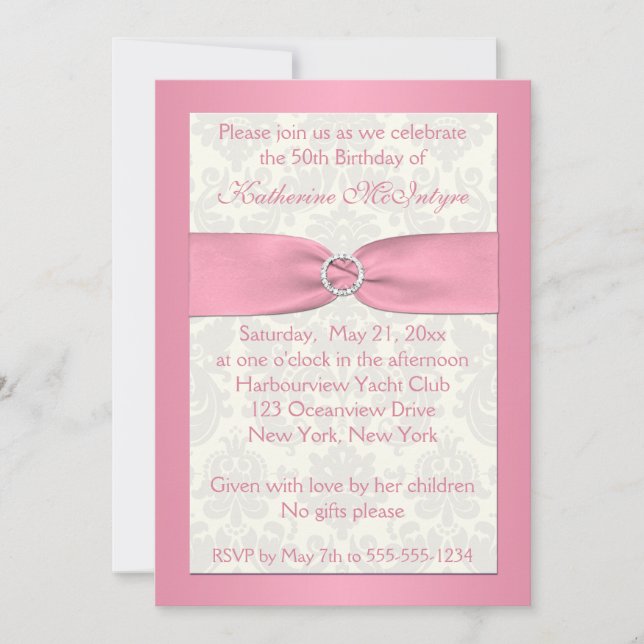 Blush Pink and Ivory Damask 50th Birthday Invite (Front)